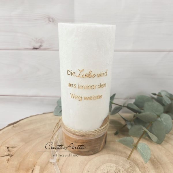 Hochzeitskerze mit echtem Holz mit/ohne Teelichteinsatz, Blätter Gold-Grün